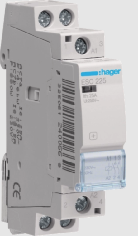 HAGER 25A 2P Contactor, Robust Dual Pole Electromechanical Contactor Rated 25A, Designed for Switching Motor Loads and Heavy Electrical Circuits
